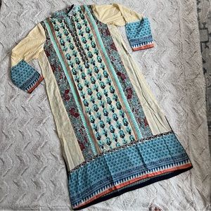 Pakistani Indian Long Blue Tan Embroidered Collar Kameez Dress
